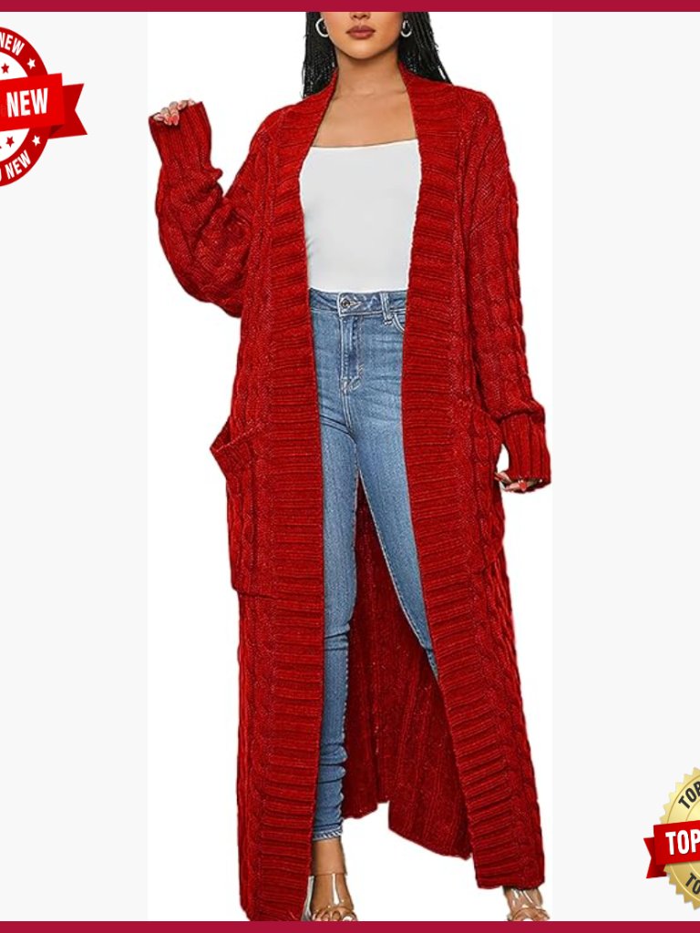 Cable Knit Maxi Cardigan Sweater Open Front Chunky Knitwear Coat With Pockets